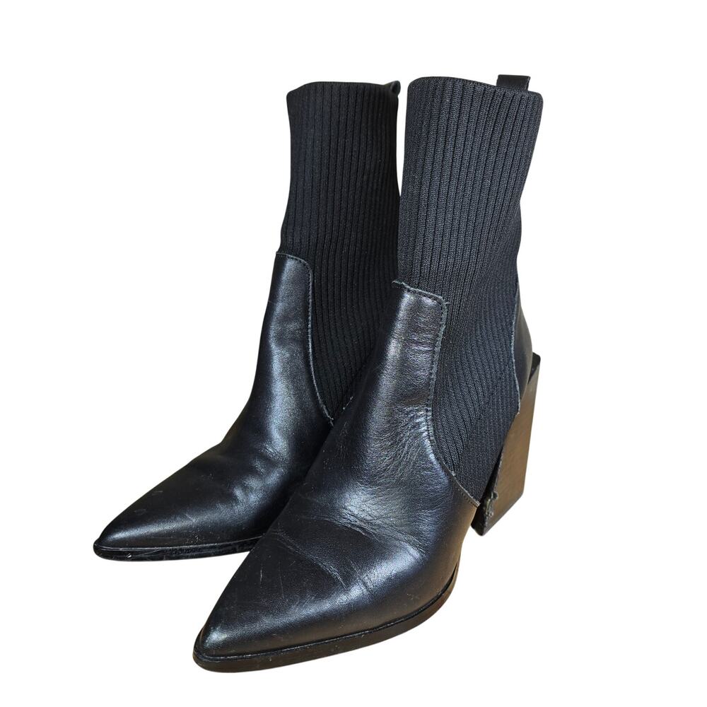 Steve Madden Hollis Sock Leather Block 4" Heel Boots Black Womens 6.5 Point Toe